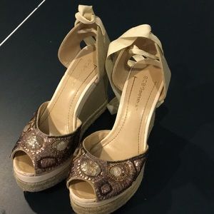 BCBG open toe wedge with wrap around the ankle tie